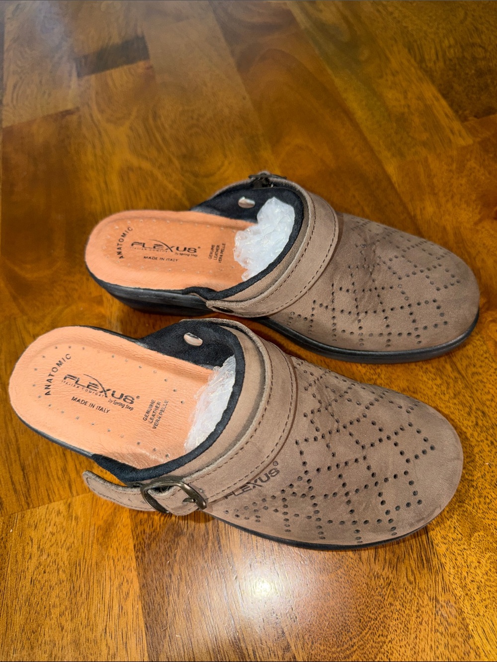 Flexus Taupe Perforated Suede Clog Mule with Adjustable Buckle
